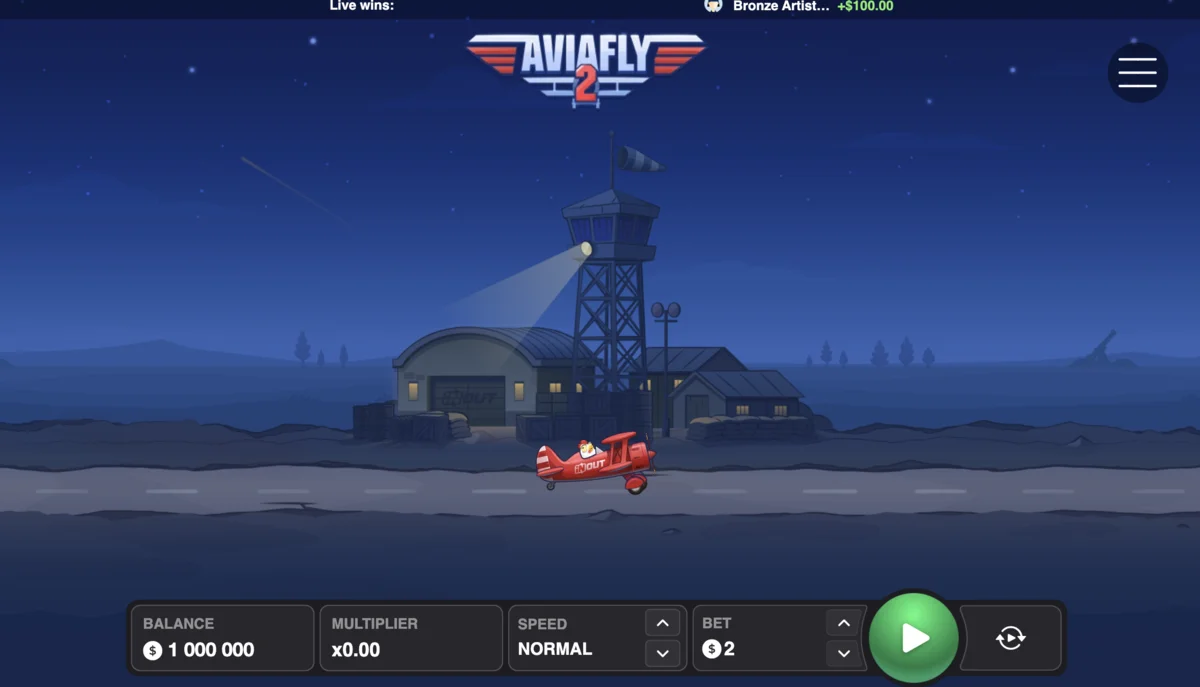 Интерфейс игры Aviafly 2 с бипланом на взлётной полосе